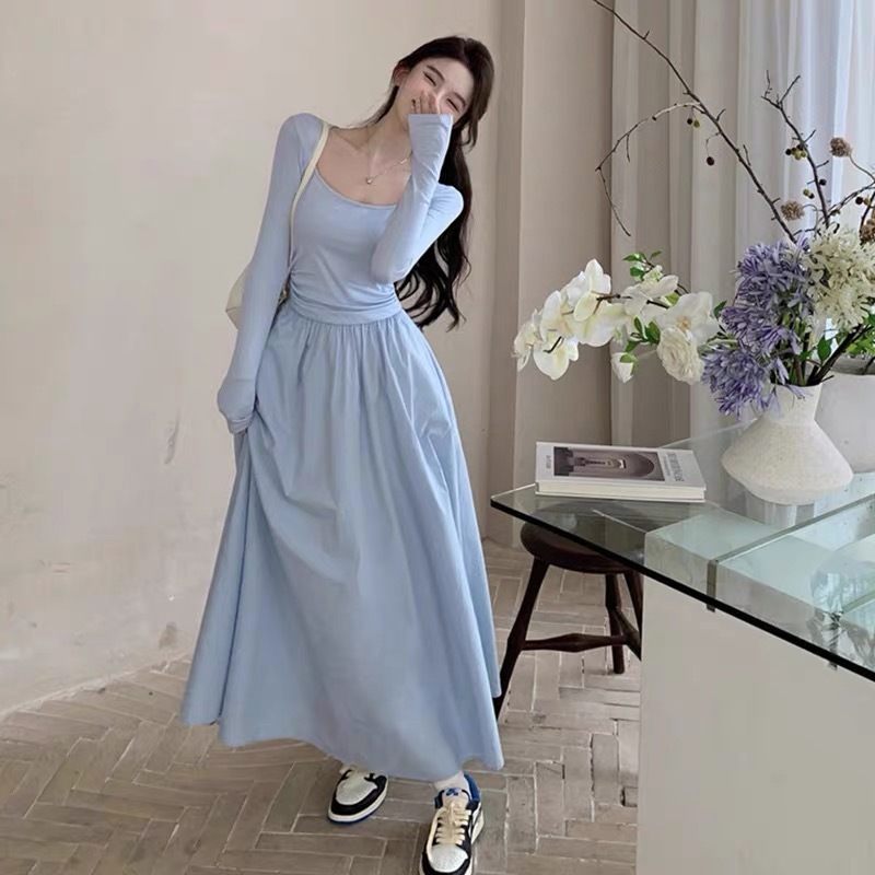 Gaun Rajutan Lengan Panjang Biru Untuk Wanita 2025 Desain Baru Temperamen Rok Panjang A-line Pinggan