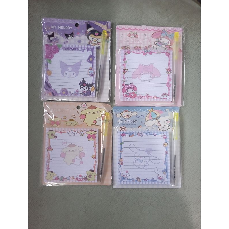 

Sticky note plus pulpen cinnamorol, kuromi, purin, melody. Sticky note cakep, note pesan cakep.