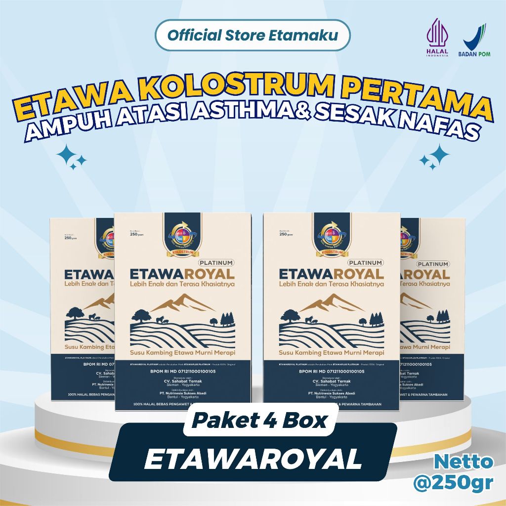 

ETAWAROYAL PLATINUM KOLOSTRUM PAKET 4 BOX / SUSU KAMBING ETAWA / ETAWA / PLATINUM / ETAWAKU PLATINUM / SUSU PENINGGI BADAN/ PENAMBAH VITALITAS / SUSU KAMBING