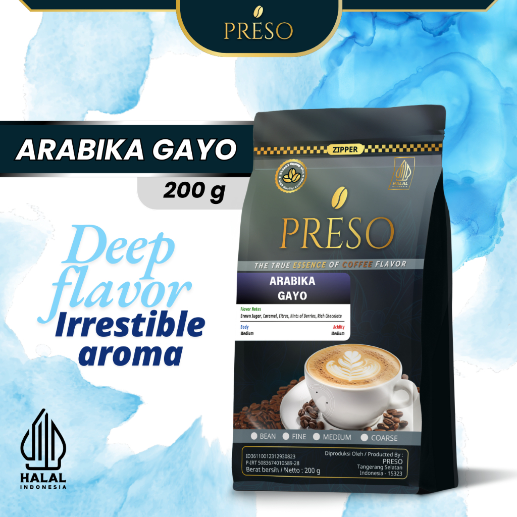 

PRESO Biji Kopi Bubuk Arabika Gayo Takengon Coffee Roast Beans Espresso Bean Coffe 200 gram