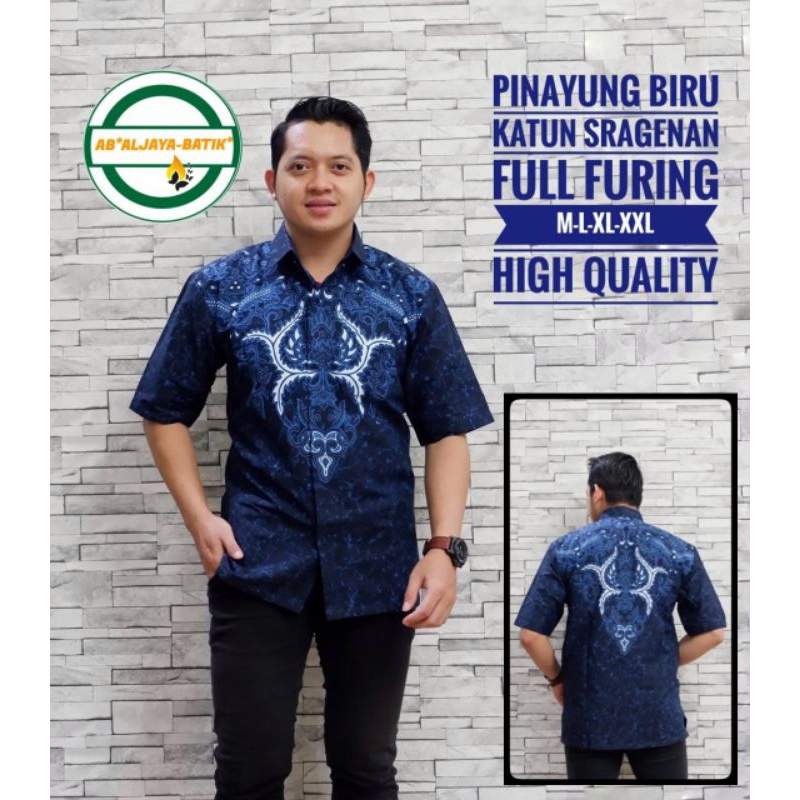 Batik Pria Pinayung Biru Lengan PENDEK Slim Fit TERBARU Keris Modern Premium Baju Atasan Batik Cowok