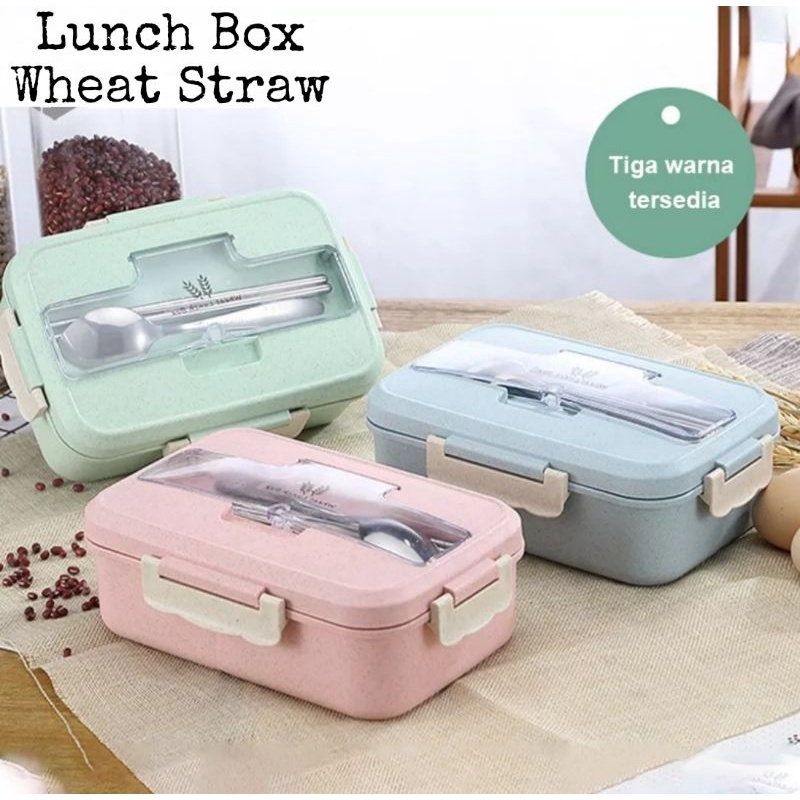Kotak Bekal Makan Jerami Gandum + Sendok / Lunch Box Set Wheat Straw / Kotak Nasi Bento 3 Sekat
