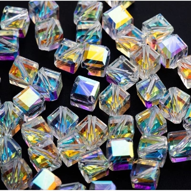 Manik Manik Kristal Swarovski Bentuk Kubus Kotak Oblique Lubang Diagonal Crystal Bead AB Murah