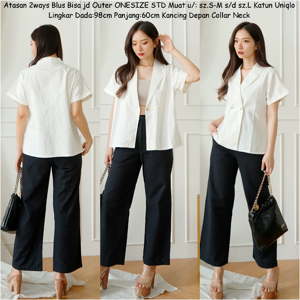 Baju Atasan Putih Wanita Woman Blouse White Top Kemeja Cewek Blus Kantor Kerja Bahan Katun Uniqlo Te