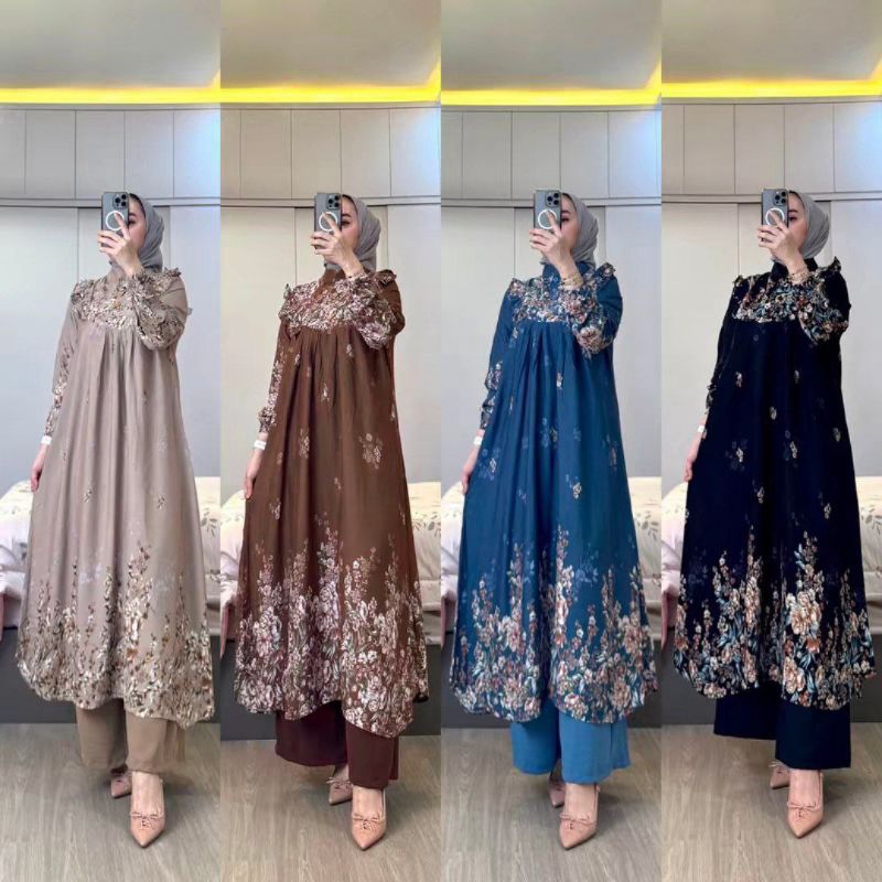 SETELAN TUNIK TERBARU ONE SET LONG TUNIK RAYON MIC CRINKLE SATU SET BAJU DAN CELANA WANITA