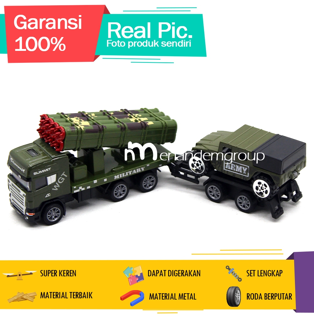 Diecast Miniatur Mainan Mobil Truk Trailer Kontainer Militer Set Isi 2 Besi Metal
