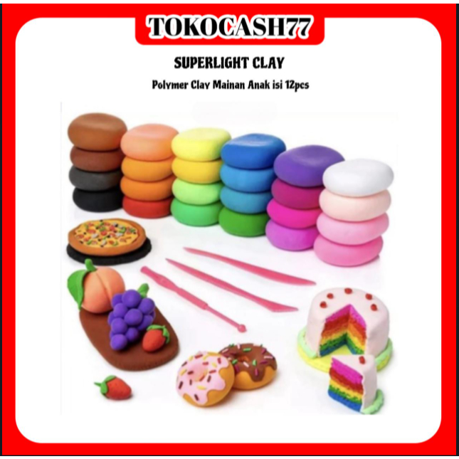 POLYMER CLAY / SUPER LIGHT CLAY MAINAN ANAK EDUKASI PLASTISIN ISI 12 WARNA