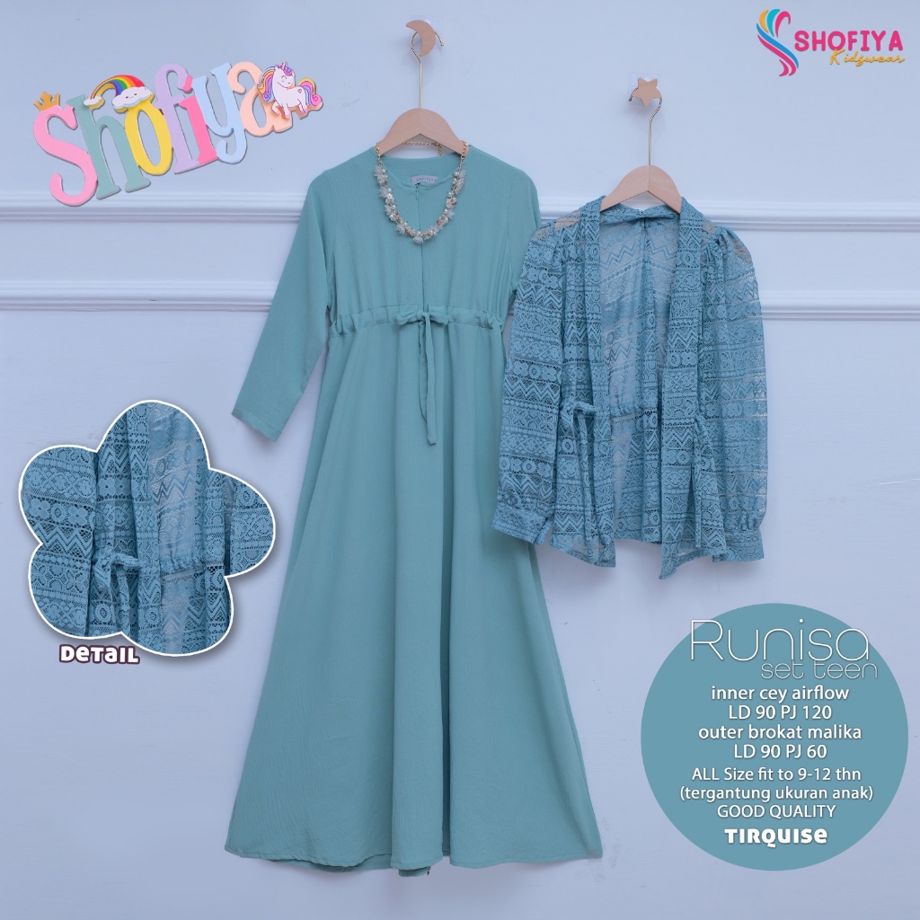 Runisa set Gamis Dress Anak Perempuan Inner Outer Brokat Malika Premium Usia Tanggung 9-12 tahun