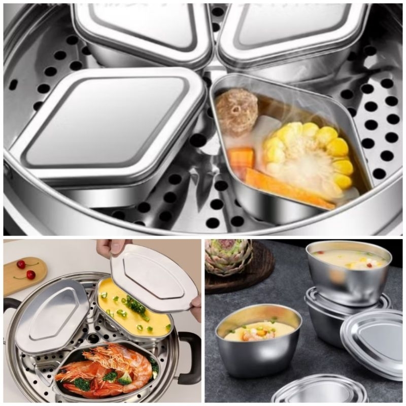 Mangkok kukus dengan tutupan stainless foodgrade food steamer tahan panas anti karat