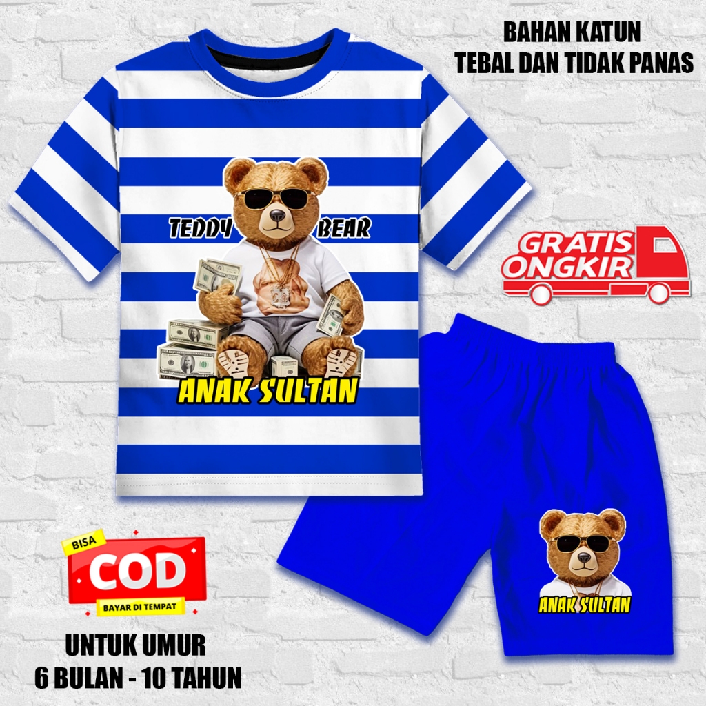 Setelan salur lengan pendek anak laki laki perempuan set kaos anak katun dtf beruang anak sultan