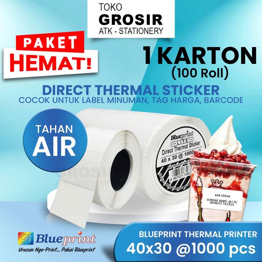 

(LIVE) PROMO HEMAT 40x30 (1 KARTON@100 roll) Direct Thermal Sticker Label BLUEPRINT LITE 40x30 @1000 - untuk MIXUE PAKET HEMAT