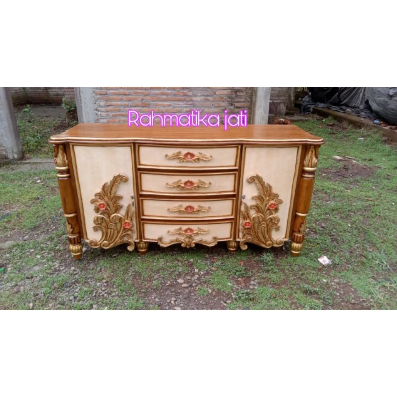 bufet TV ukiran Jepara model terbaru ukuran 1,5m bahan full kayu jati solid desain elegan