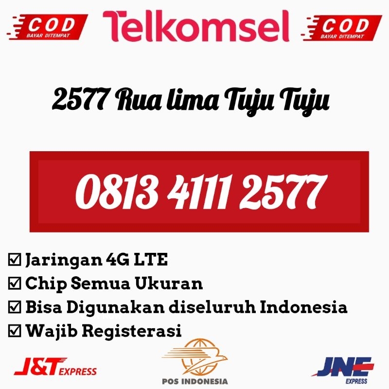 Kartu Perdana Nomor Cantik Telkomsel simPATI 4GLTE Seri Angka Hokky Bugis Makassar 2577 Rua Lima Tuj