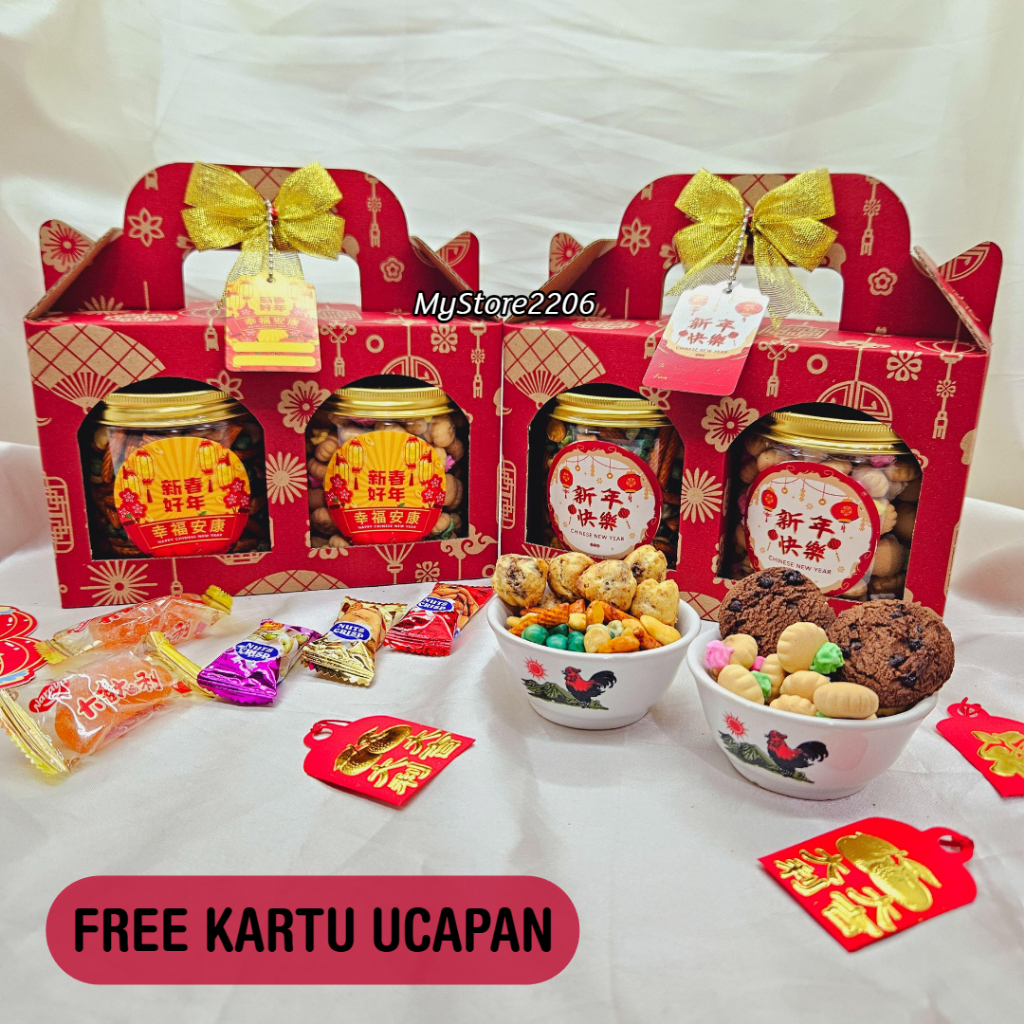 

(2 JAR) Hampers Parcel Chinese New Year Tahun Baru Imlek 2025 Permen, Jelly, Cokelat, Cookies Kue Kering Choco Chips, Gem Rose, Soes Chocolate isi 2 Jar 600ml / Hampers Chinese New Year