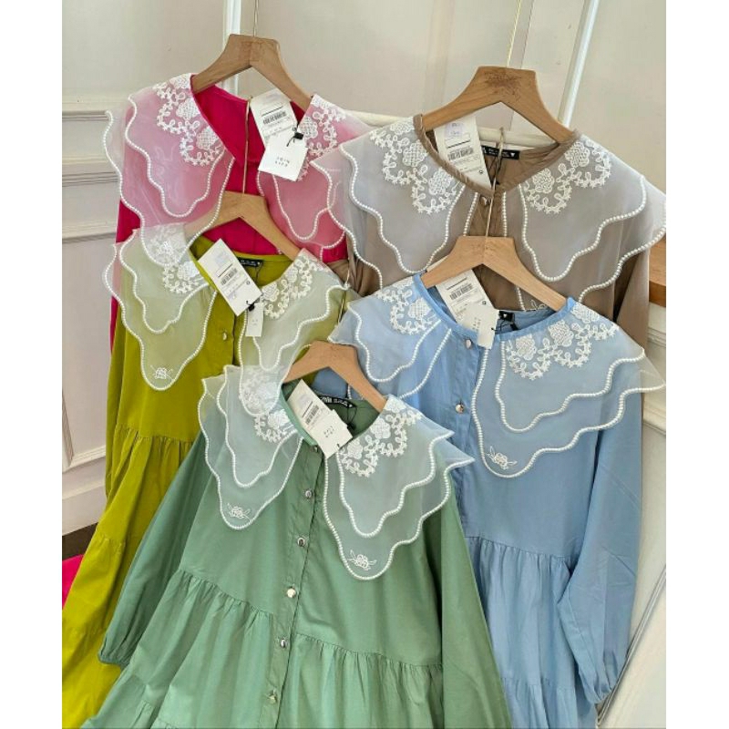 Dress katun kerah organza bordir