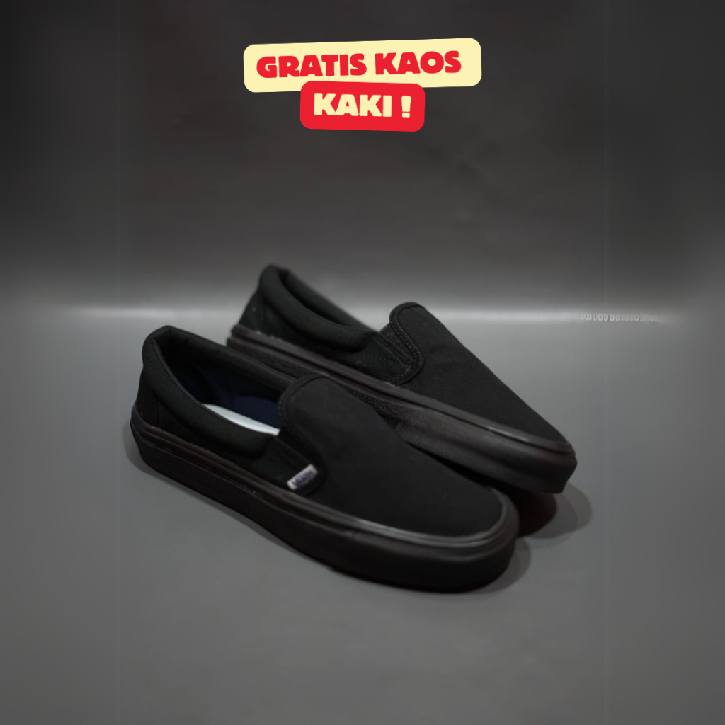 SEPATU SLIP ON PRIA WANITA VAULT OG KANVAS HITAM POLOS TANPA TALI 36-43 SNEAKERS SELOP FULL BLACK