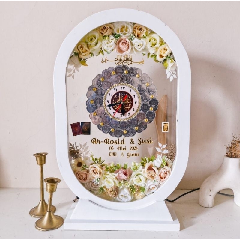 Mahar Oval Koin Akrilik Jam Aktif, Mahar Oval Jam Koin Free Request Bunga