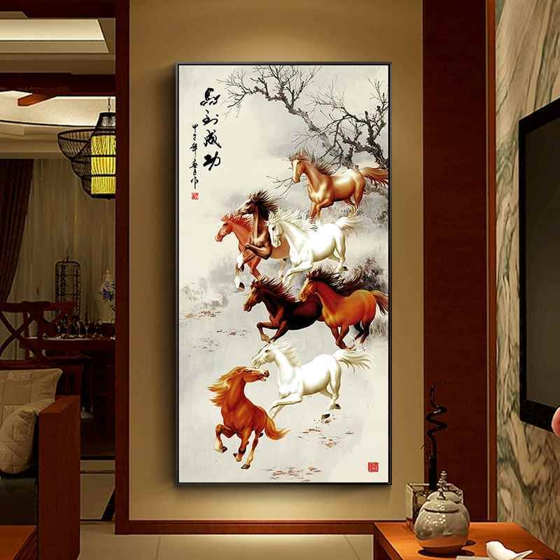 5D Diamond Painting Lukisan Porcelain - 8 Ekor Kuda Vertikal - Hiasan Fengshui Mewah Elegan