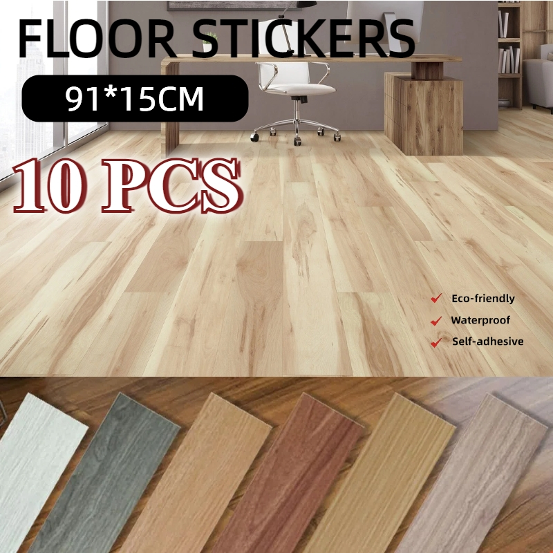 10pcs Lantai Vinyl /Sticker Lantai Kamar Mandi Tahan Air Anti Licin /Wood Flooring Lantai Kayu 91*15