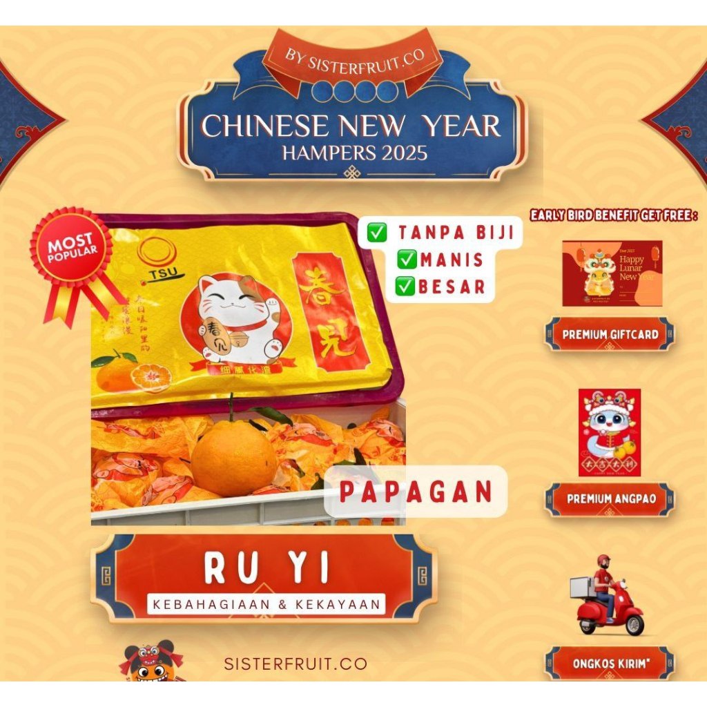 

HAMPERS BUAH JERUK MAKASSAR IMLEK CHINESE NEW YEAR 2025 JERUK PAPAGAN / JERUK DEKOPON RU YI (KEBAHAGIAAN & KEKAYAAN) MAKASSAR SISTERFRIUT