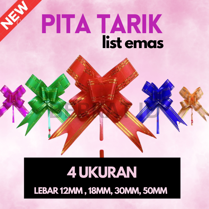 

(ISI 10) TERMURAH Pita Serut Tarik Lis Emas List Gold 12/18/30 MM SEMUA UKURAN Pita Serut untuk Kado buket