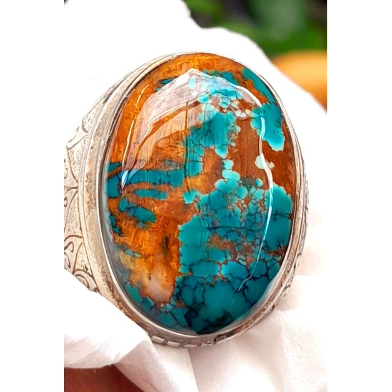 Pirus Persia premium ceplok kuro urat emas size jumbo ring perak