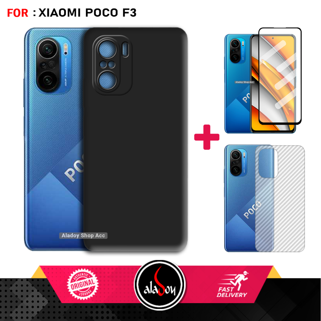 Soft Case Poco F3 Casing Silicone Free Tempered Glass dan Skin Carbon