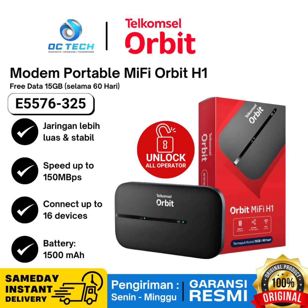 Modem Wifi Telkomsel Orbit Mifi H1 Portable 4G Free Data 15GB 2 Bulan Unlock All Operator Sim Card