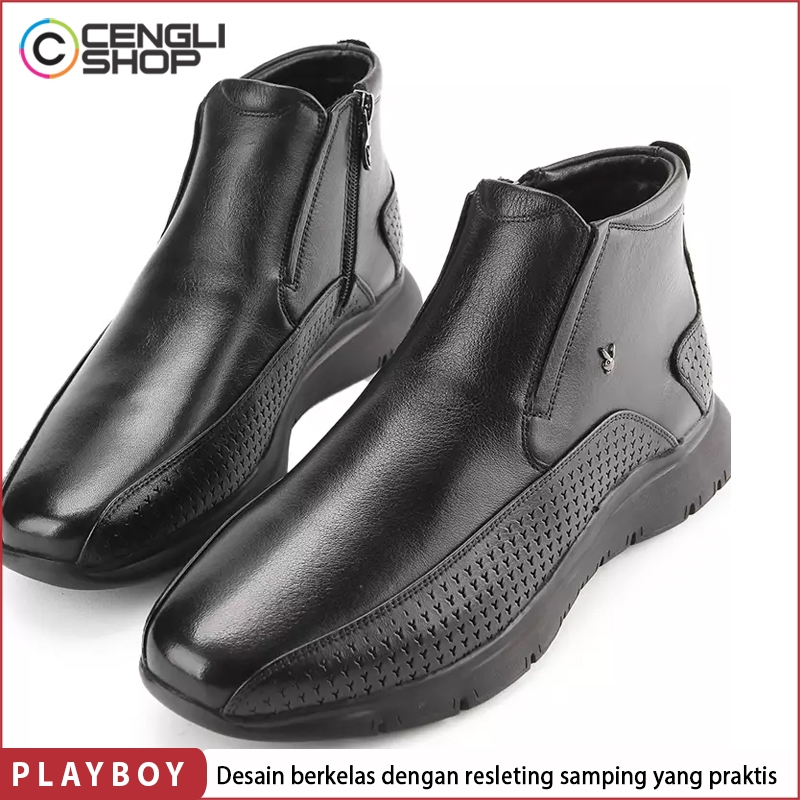 PLAYBOY SEPATU BOOT KULIT PRIA ORIGINAL BOOTS FORMAL KERJA KANTOR BRANDED ASLI ORI HITAM PL31
