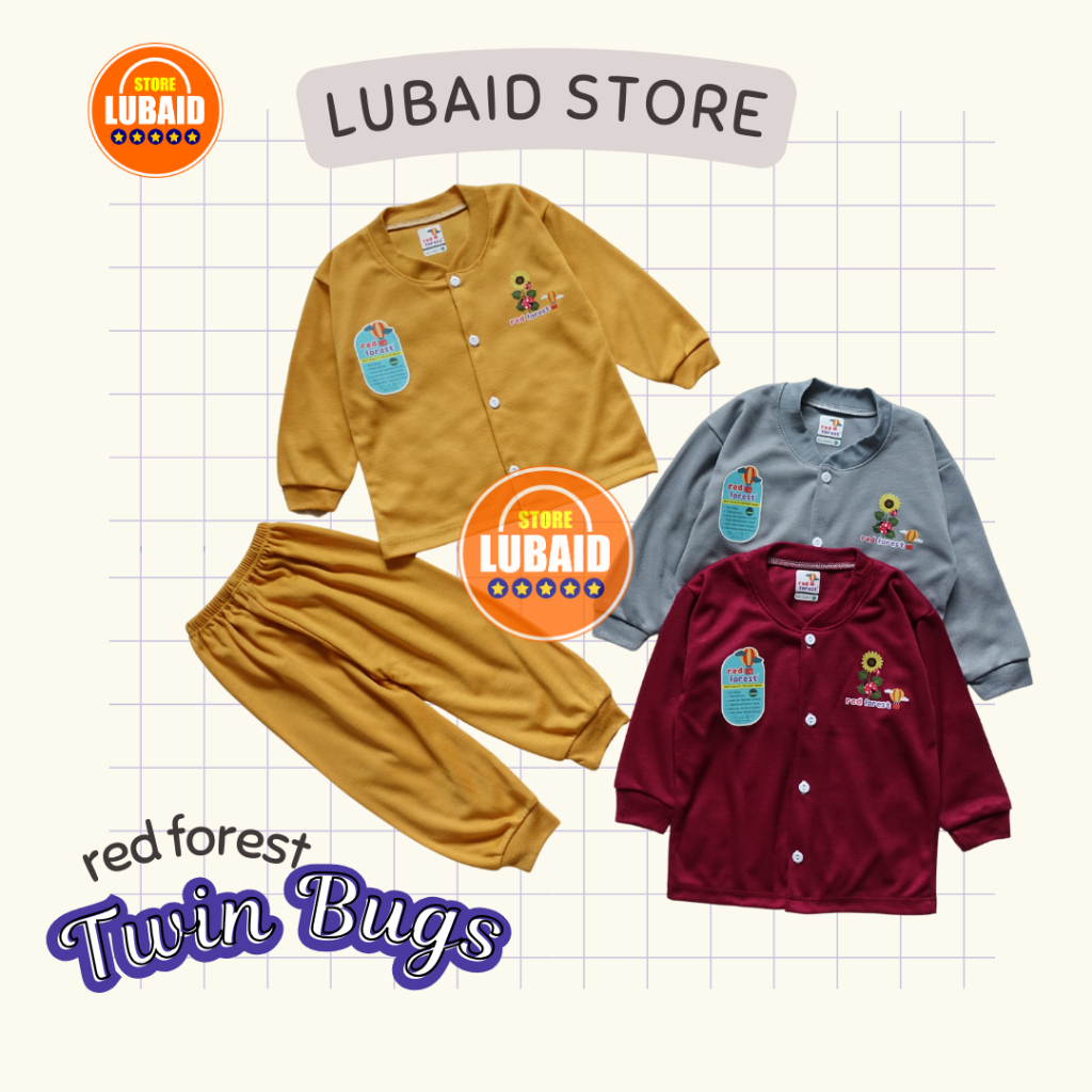 [SPY-RF149] LUBAID STORE, Setelan Baju Bayi 3 - 18 Bulan, RED FOREST Twin Bugs, Kancing Depan, Kaos 