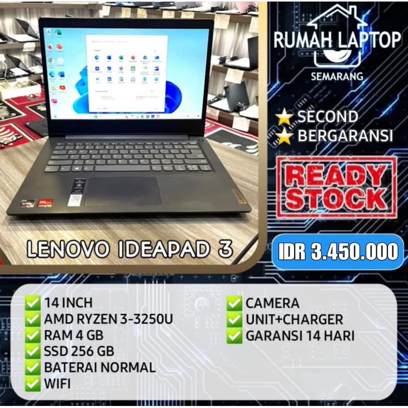 Laptop Lenovo Ideapad 3 (second). AMD Ryzen 3-3250U. RAM 4 GB. SSD 256 GB