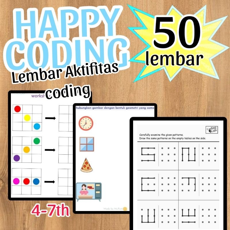 

50 lembar kertas aktivitas coding untuk anak. coding worksheet HVS A5. coding for kids