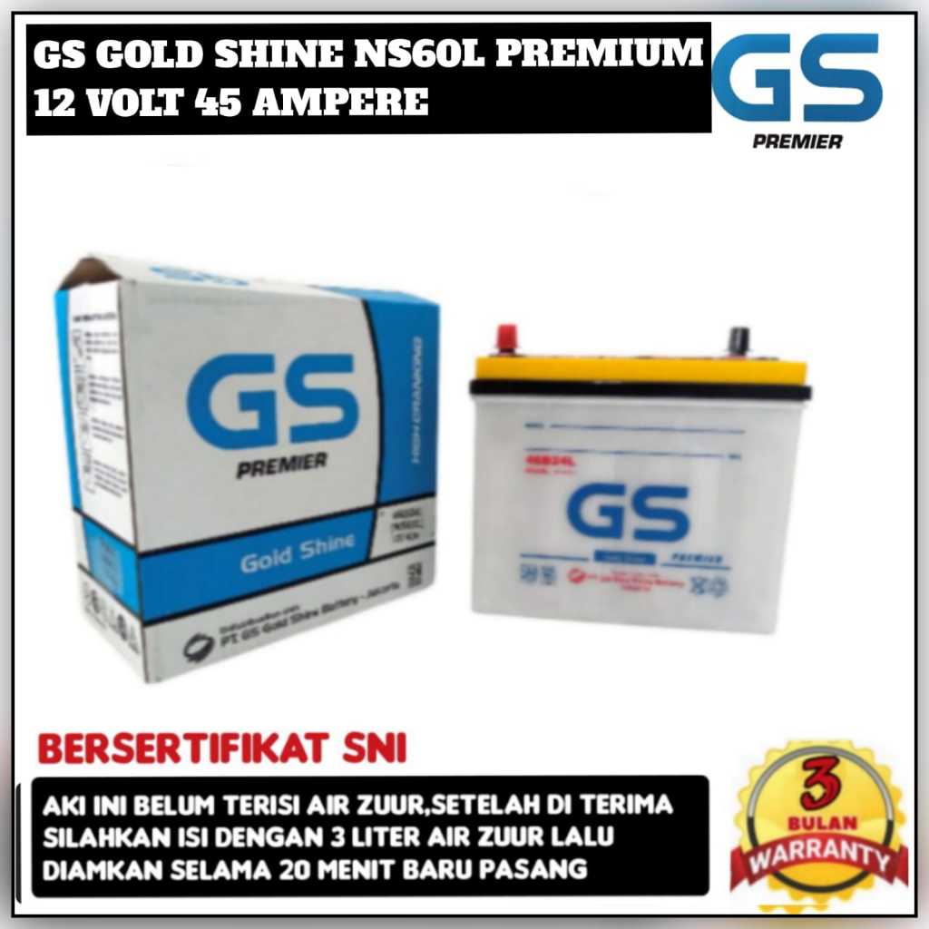 Aki Mobil Grand Livina/Corolla Series/Honda City/Karimun/Baleno GS Gold shine NS60L Premium 45 amper