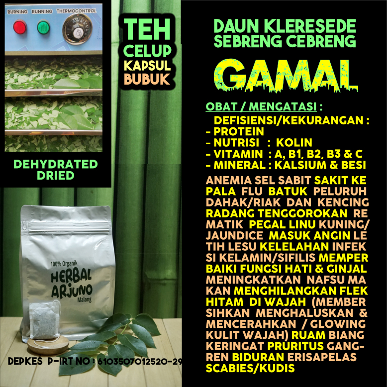 

Dehydrated Dried Teh Celup Kapsul Bubuk Daun Gamal Sebreng Obat Defisiensi Kekurangan Vitamin Mineral Protein Kolin Anemia Sel Sabit Gonore Sifilis Rematik Pegal Linu Kuning Letih Lesu Kelelahan Flek Hitam Glowing Kulit Wajah Gangren Scabies Herbal Alami