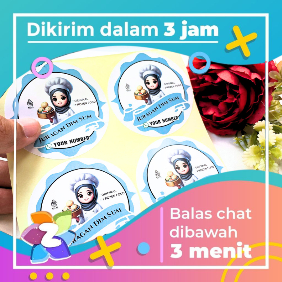 

5-8 Zennida Stiker Bulat Dimsum Label Makanan Sticker Dim Sum Free Desain Custom Nama Logo Uk.Sedang