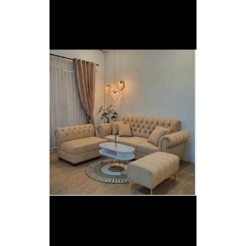 Sofa L + stool panjang + meja oval