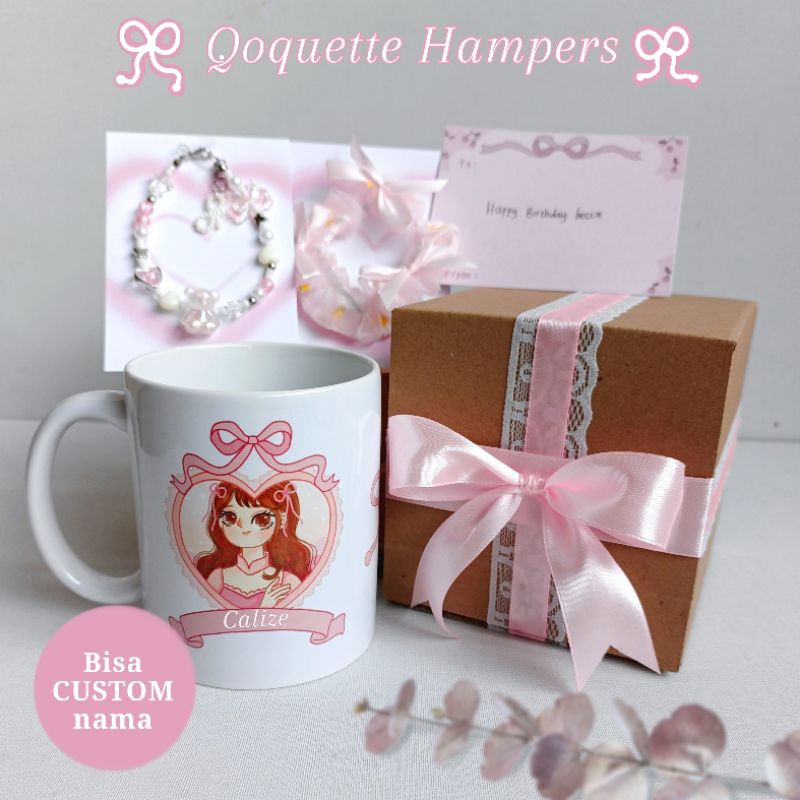 MUG GELAS QOQUETTE/ HAMPERS QOQUETTE/ MUG GELAS CUSTOM NAMA AESTHETIC/ GIFT BOX HAMPERS HADIAH ULANG