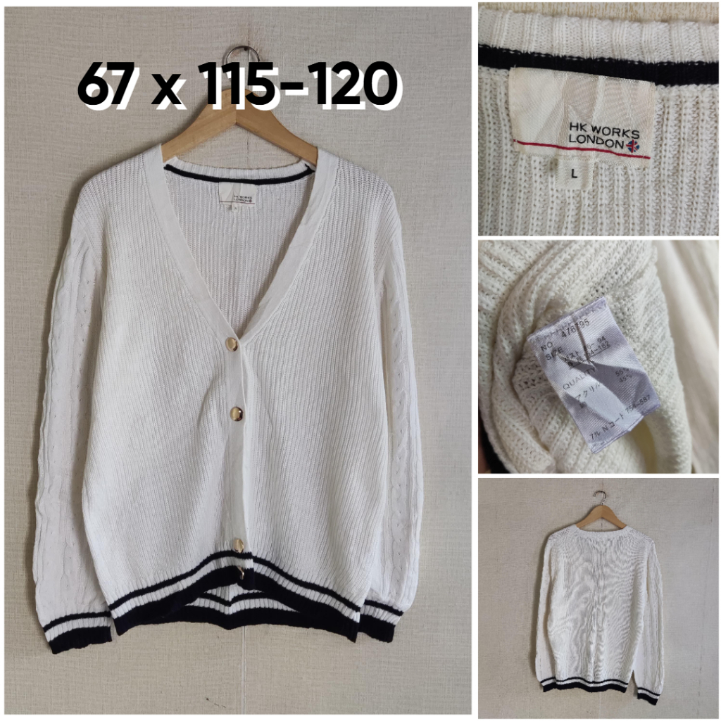 Cardigan Rajut HK Works London Putih Broken White BW V Neck Size L Wanita Atasan Cewek Outer Knit A0
