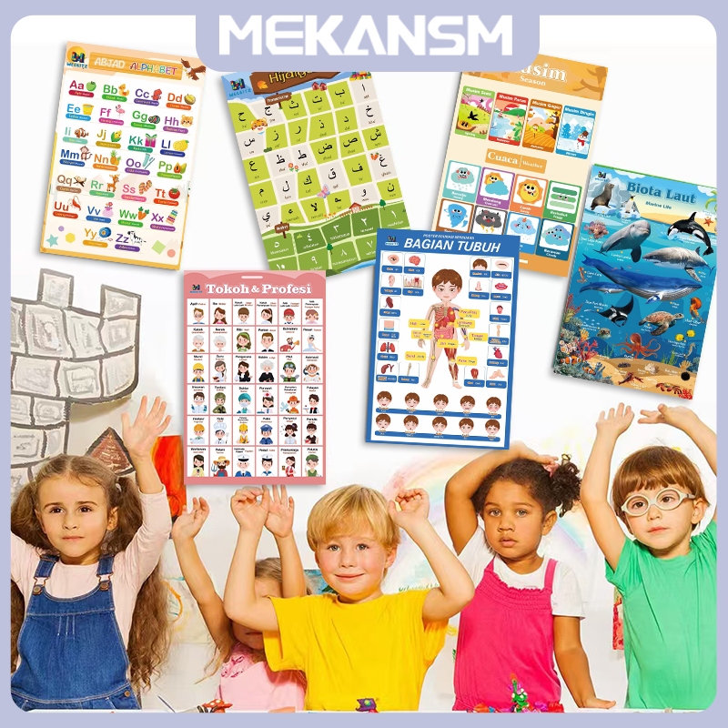MEKANSM 12 PCS Poster Edukasi Anak Lengkap Belajar Gambar Dinding Estetik Buah Sayur Angka Bintang M