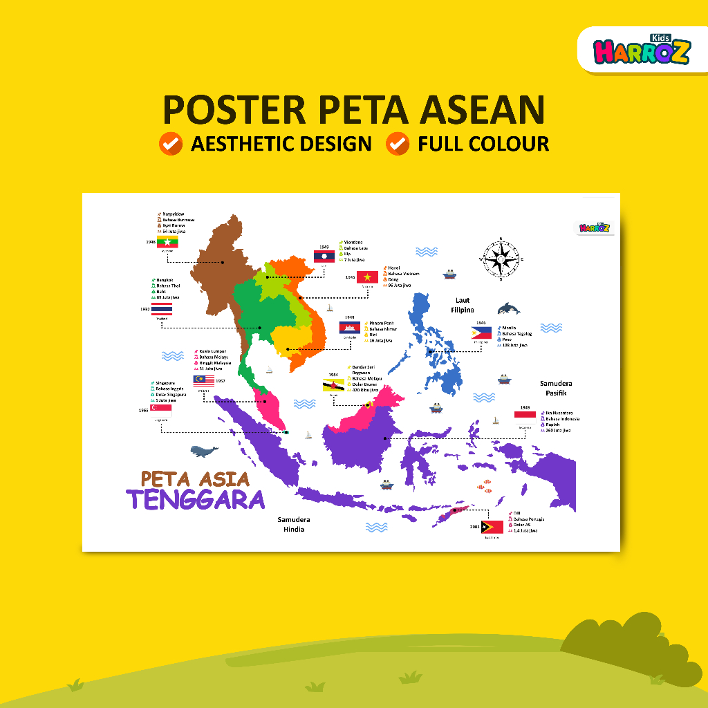 Poster A3+ Peta Asia Tenggara Asean Poster Edukasi Anak Paud TK SD Poster Indonesia Malaysia Singapu