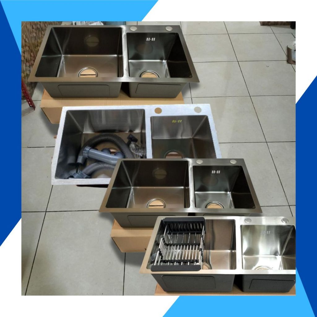 PAKET KITCHEN SINK 2 LUBANG / KITCHEN SINK LUBANG 2 BEDA SISI HITAM SILVER