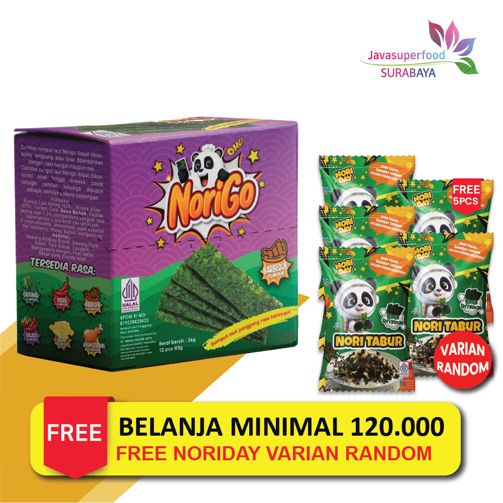 

SBY. Norigo (1 BOX ISI 12 PCS) / Nori Sachet Seaweed Snack 3g Rumput Laut Halal Rasa BBQ