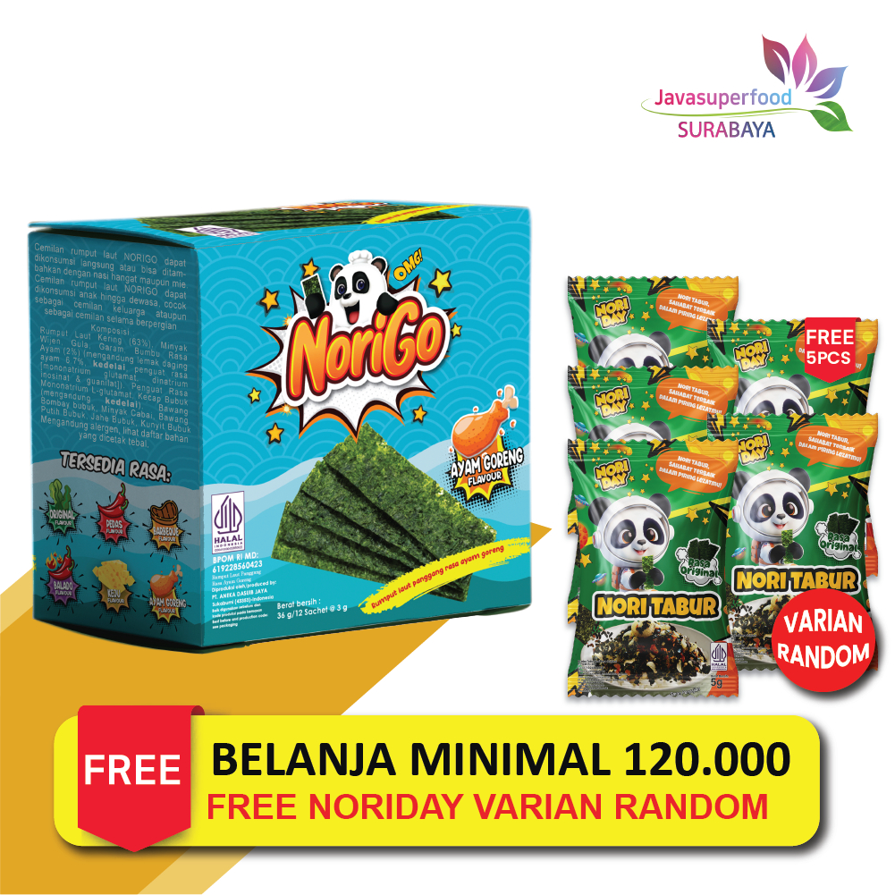 

Norigo Ayam Goreng (1 BOX ISI 12 PCS) / Nori Sachet Seaweed Snack 3g Rumput Laut Halal Rasa Ayam Goreng