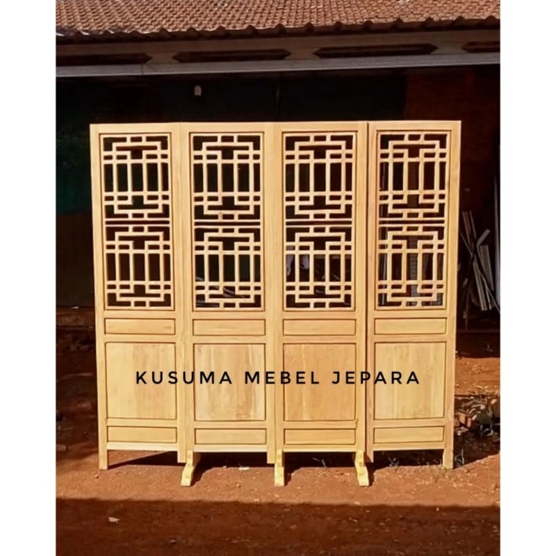 Partisi Sketsel Penyekat Ruangan Minimalis Motif Geometri China Kayu Jati (Panjang 200cm Tinggi 180c