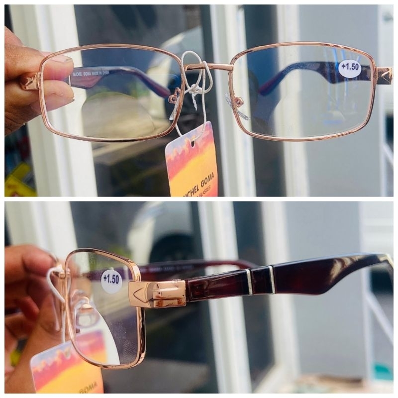 Kacamata Baca Dobel Lensa Bisa Untuk Jalan Premium Michel Goma Frame Kotak Metal Gold Elegan Pria Wa