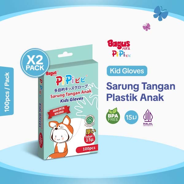 [Twin Pack] Bagus PiPi Sarung Tangan Plastik Anak 15 Micron 100 Pcs/Pack Food Grade - 100% HDPE & BP