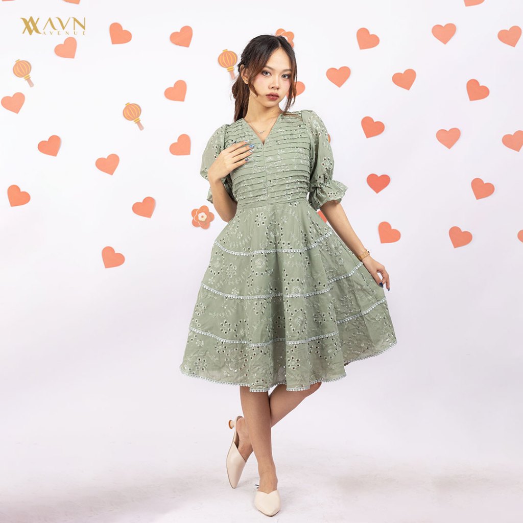 Dress Midi Wanita - Avenue Dress Embroidery Eyelet Pleat Top - Casual Dress (SKU 25286)