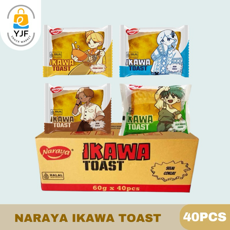 

Naraya Ikawa Toast KARTON 40 PCS / Roti Panggang Cream Cheese / Toast Coklat / Roti Vanila / Roti Toast Pandan Srikaya