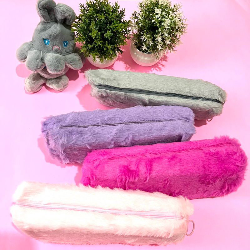 

Tempat Pensil Tabung Bahan Bulu Warna Pink Muda Pink Tua Ungu Abu-abu Stasionery
