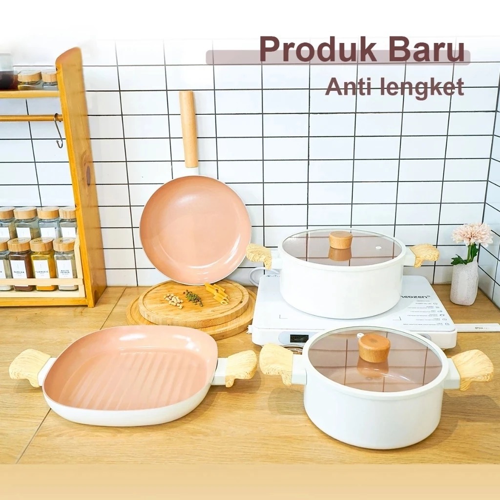 LG-6 Symphony Set Cream White/Iron Grey - Set Wajan dan Panci Anti Lengket dengan Tutup Kaca Isi 6 P